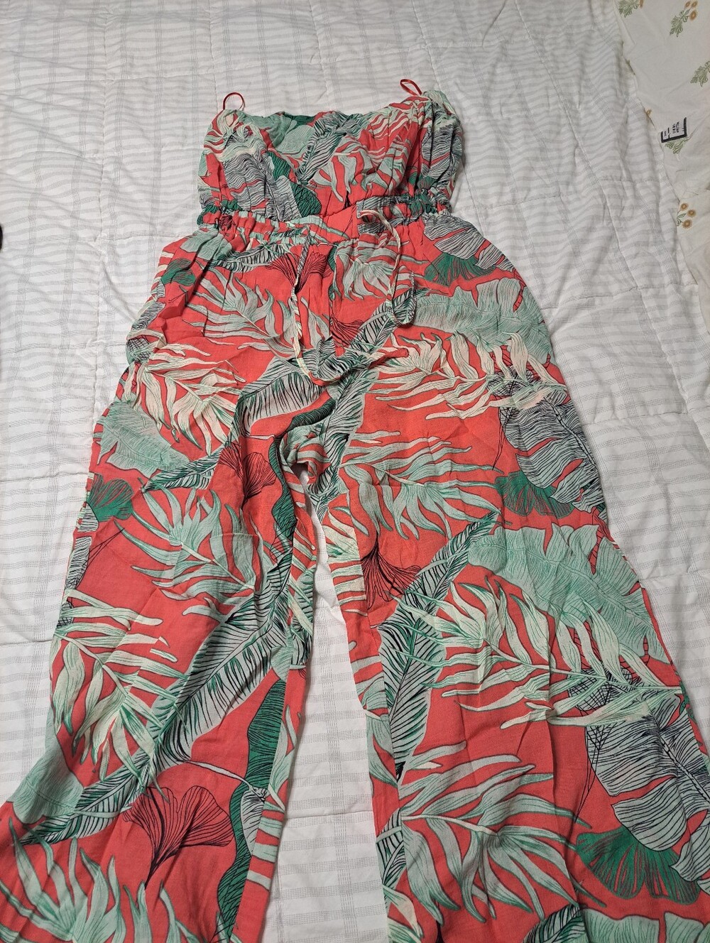 Coral Strapless Tropical Print Jumpsuit with Mint Leaf Detail